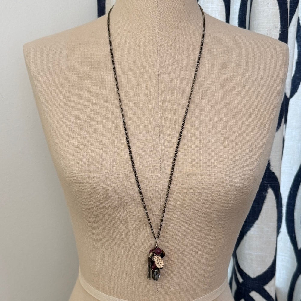 LOFT Gray Gemstone, Plum Beads, Brown Tortoise and Tassel Brass-tone Necklace